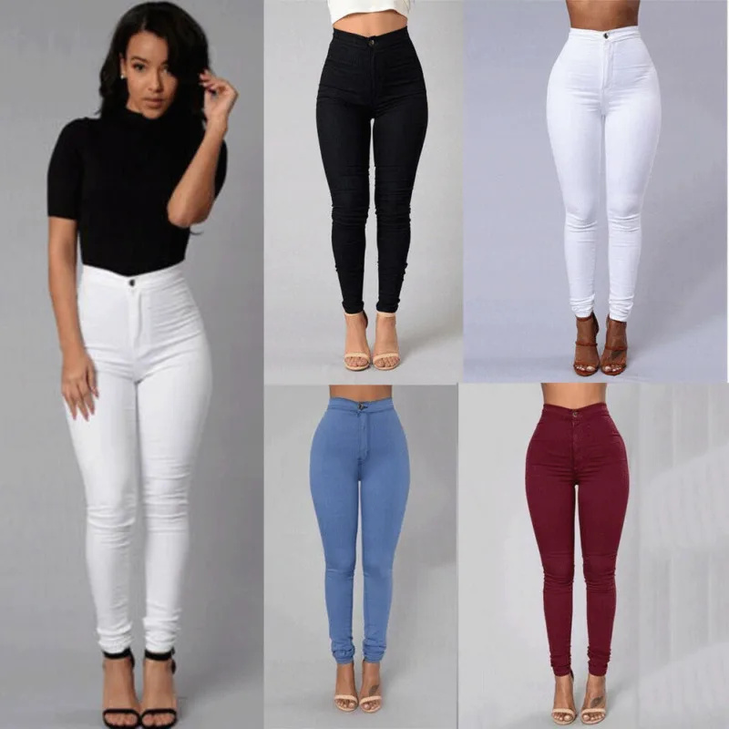 

Women Solid Color Stretch Pencil Pants High Waist Skinny Casual Slim Trousers
