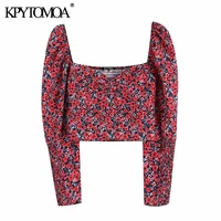 kpytomoa women fashion floral print cropped blouses women vintage v neck long sleeve back elastic female shirts chic tops