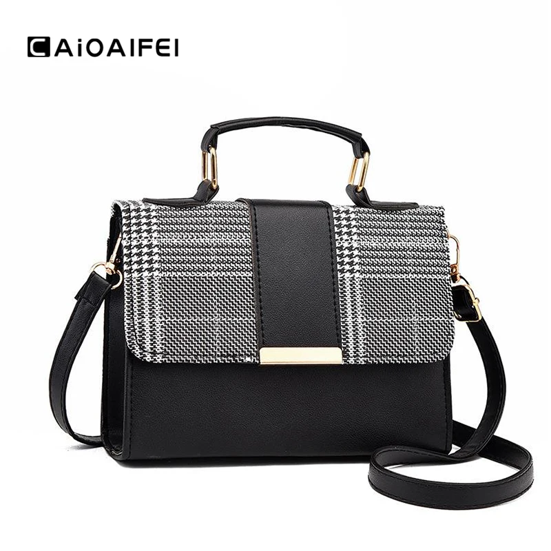 

CAIOAIFEI fashion women leather handbags small flap crossbody bags for women plaid top-handle bags female shoulder messenger bag