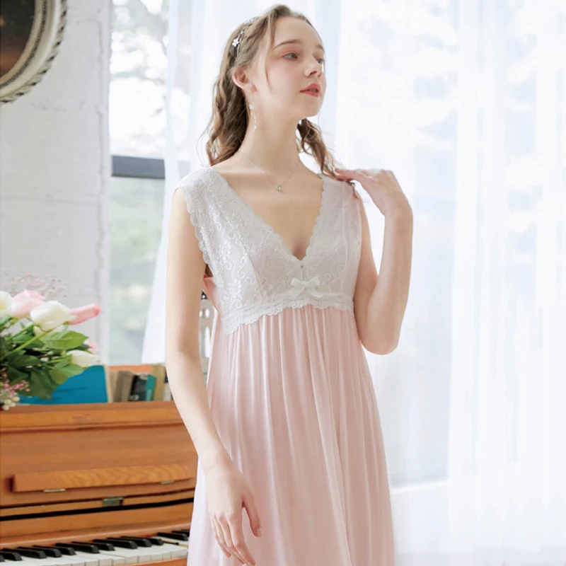 

Roseheart Women Female Cotton Pink Blue White Sexy Sleepwear Night Dress Lace Homewear Nightwear Long Nightgown Luxury Gown