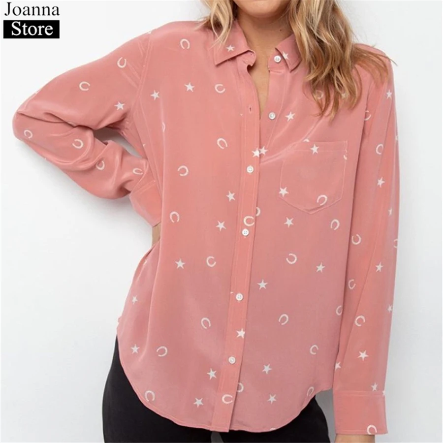 Spring New 100%Silk Printed Short Shirt Women Long Sleeve Single-Breasted Vintage Blouse Pink Satin Soft Plus Size Loose Clothes