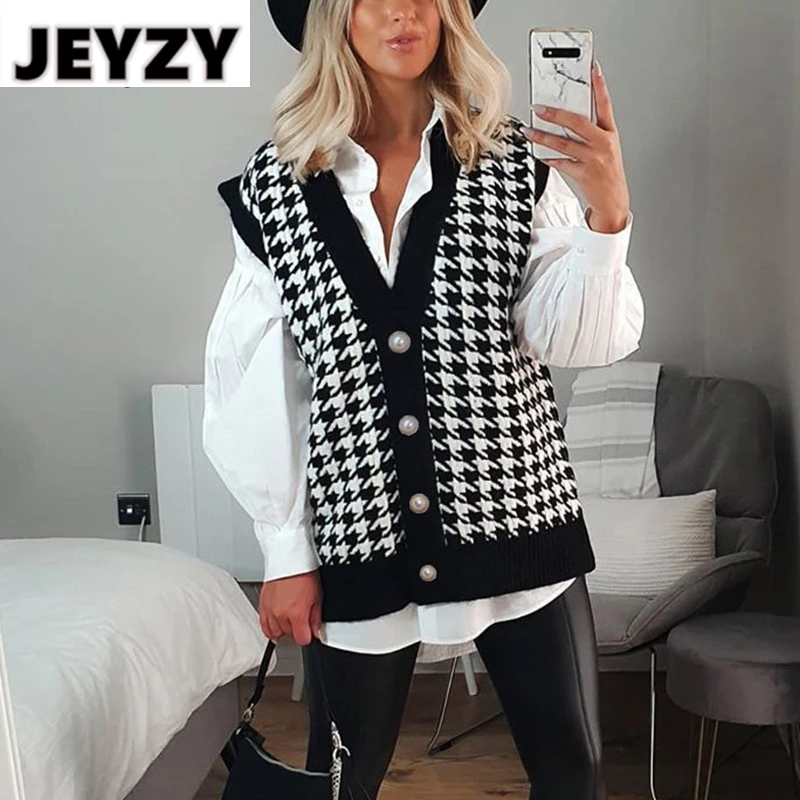 

Женский кардиган с открытыми плечами Jeyzy, Модный зимний черный свитер в клетку с треугольным вырезом и рисунком «гусиные лапки», джемпер без...