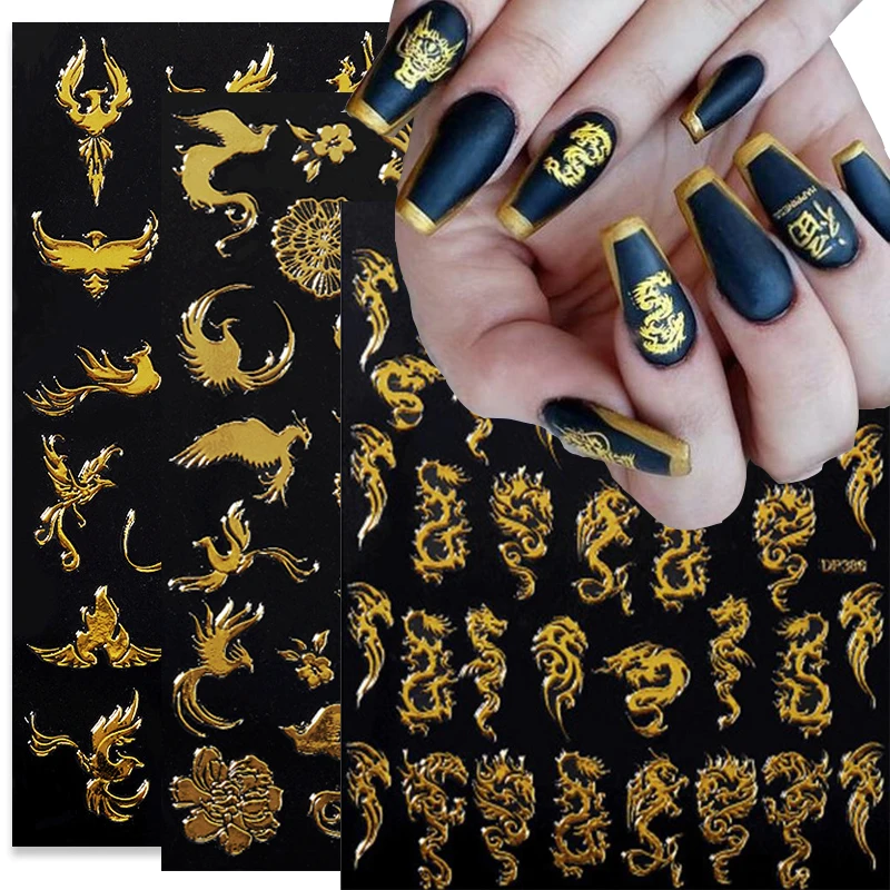 Самоклеящиеся наклейки для дизайна ногтей лазерный золотой дракон красочный