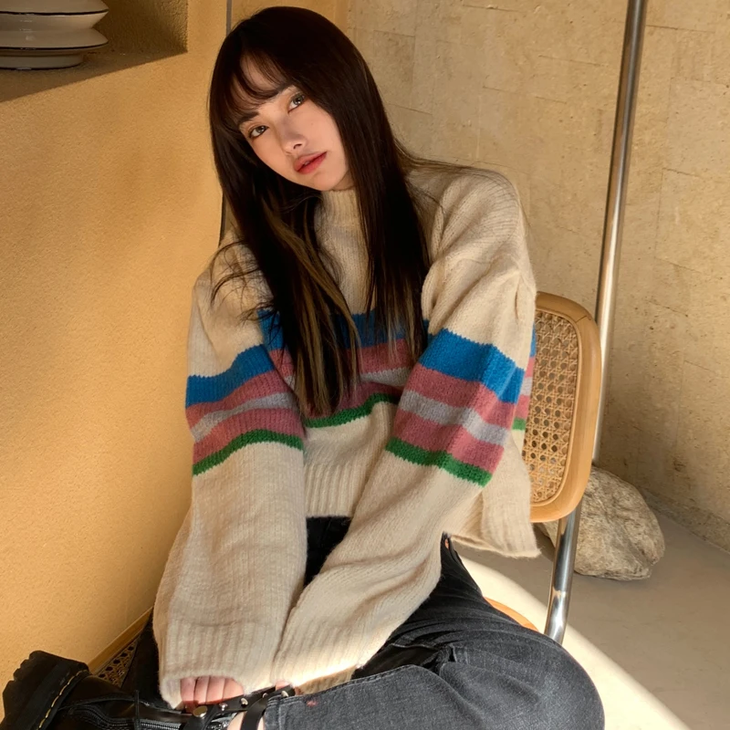 

Control to film qiu dong han edition more languid is lazy chromatic stripe sweater sets female brief paragraph knitting coat