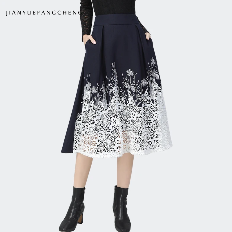 Ladylike Winter Embroidered Patchwork Wool A-Line Skirt Women 2021 High Waist Slim Mid-Length Casual Big Swing Pleated Skirts