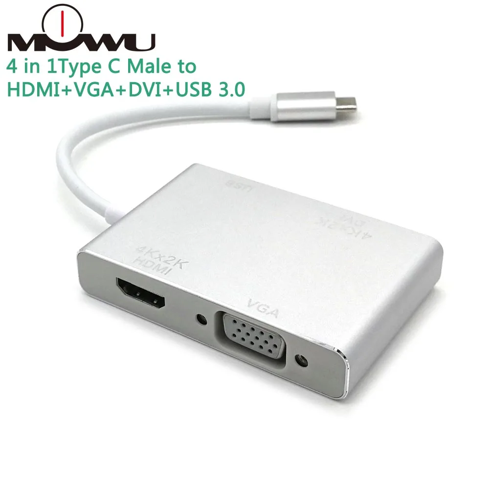 Переходник 4 в 1 с портом Type-C папа на HDMI + VGA DVI USB 3 0 мама алюминиевый адаптер