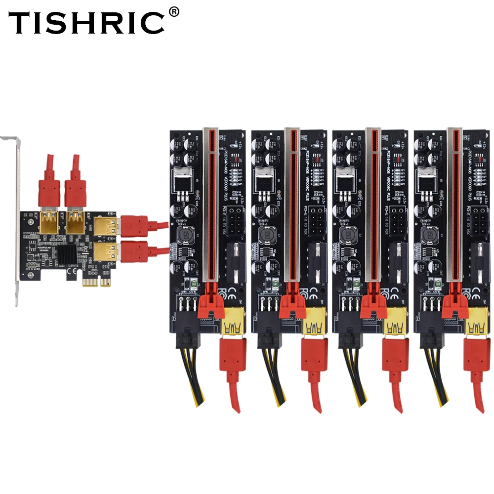 Переходная карта PCI-E TISHRIC PCI Express Райзер с 1 на 4 слота USB порт 1x 16x адаптер для