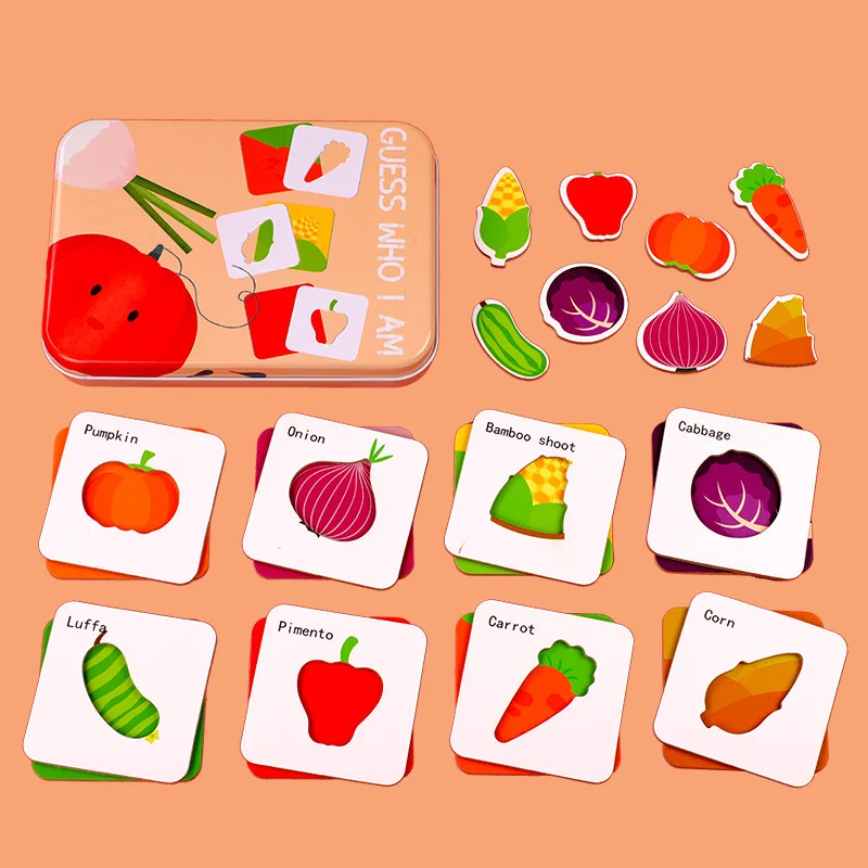 

stickers Kids Wooden Pairing Jigsaw Puzzle Educational Toy Learning Cards Animal Fruits Vegetables Guess Who I Am