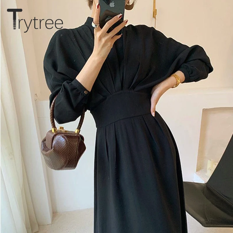 Женское повседневное платье с воротником-стойкой пуговицами и пышными рукавами |