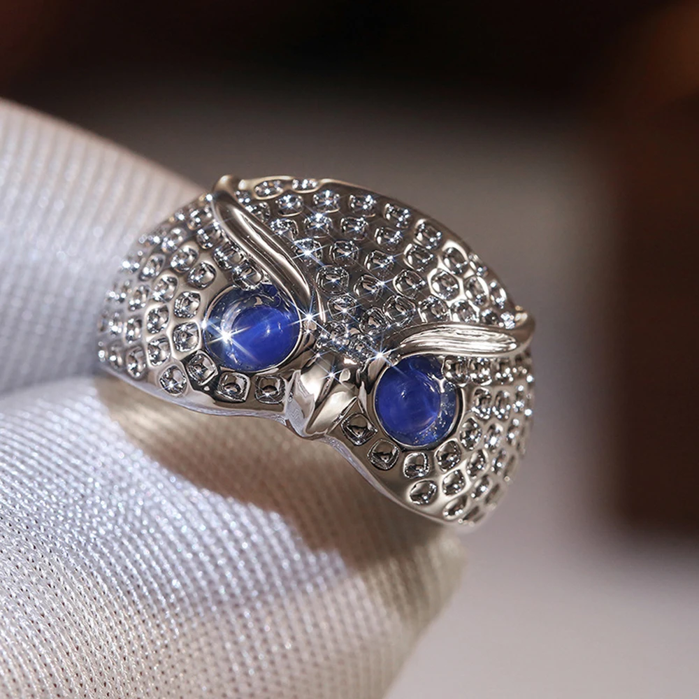 

Modyle Cute Owl Women Finger Ring Animal Jewelry Personality Party Accessories Imitation Opal Eyes Simple New Blue Silver Color