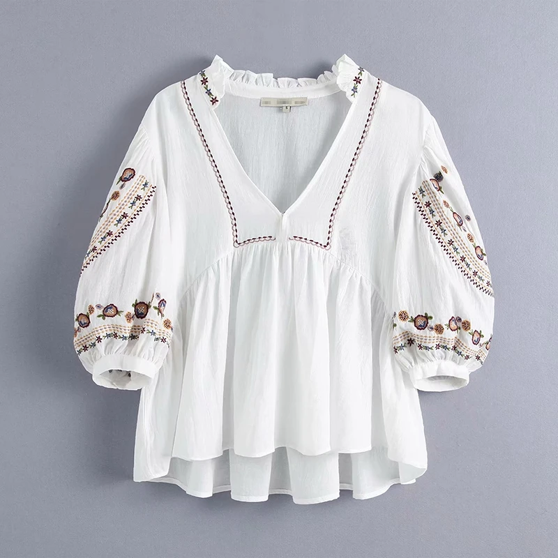 Everkaki Boho вышитые Хлопковые женские рубашки, футболки, топы, однотонные белые женские блузки с коротким рукавом, рубашки, женские топы Осень новинка