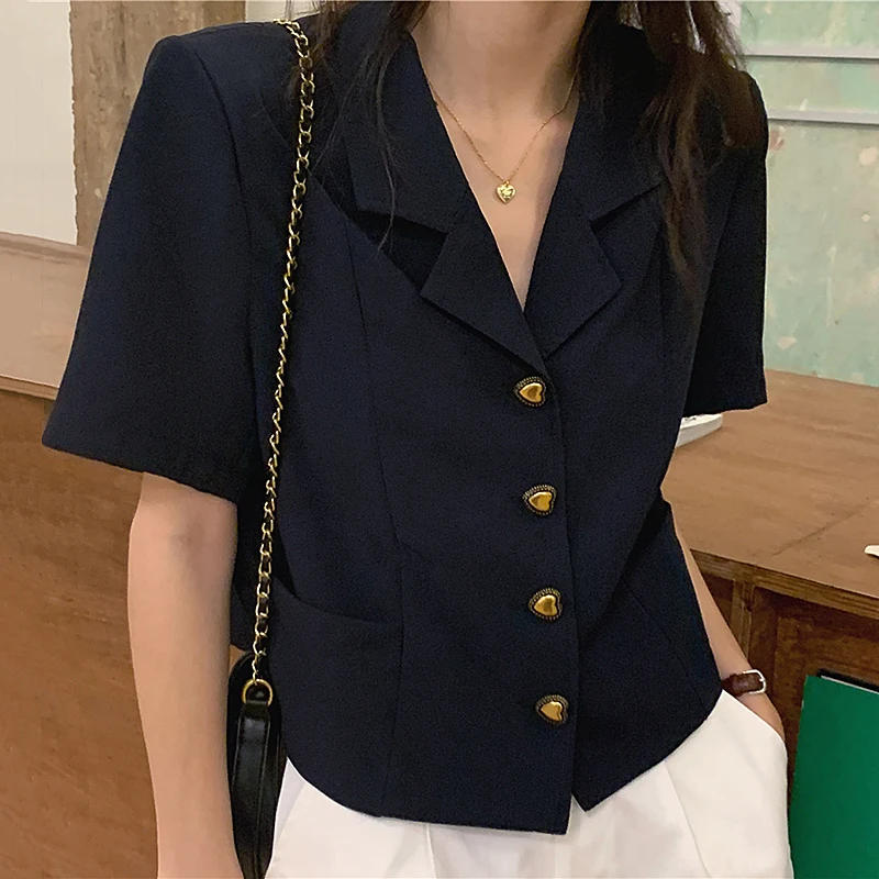 

Pinkou Women Chic Short Sleeve Blouse Notched Collar Heart Button Decorate Shirt Summer Office Wear Casual Tops Blusa DA16