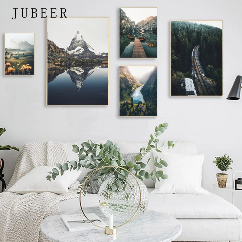 Пейзаж холст Постер настенное искусство скандинавский горный озеро лес печать