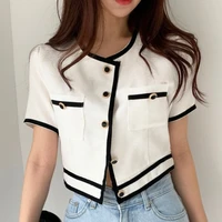 tops women clothes korean french vintage round neck sweet new contrast color line design t shirts buttons loose short tee tops