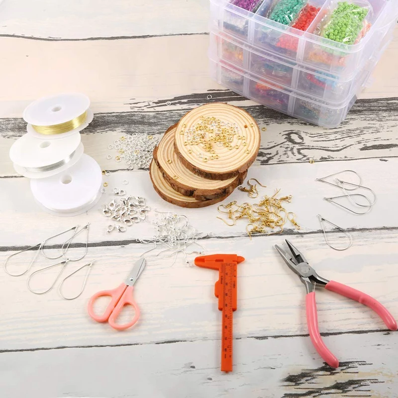 

27009 Pieces Glass Seed Beads Kit, Multiple Sizes Craft Seed Beads with Small Pony Beads, Beading Hoop Earring and Other Accesso