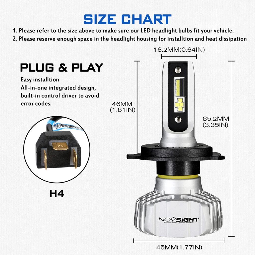 

1 Pair H4 Auto Car LED Headlight Bulbs Replacement 6500K Bright Halogen Replacement