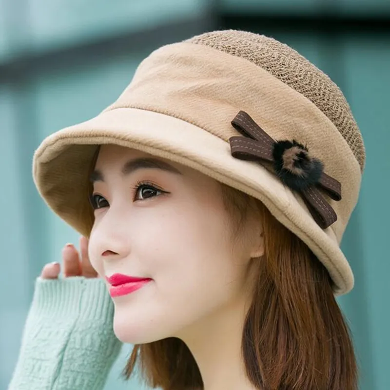 H7711 Women Warm Bucket Hat Autumn Winter Korean Fashion Fisherman Basin Cap Lady Outdoor Shopping Bowknot Casual Knitting Hats