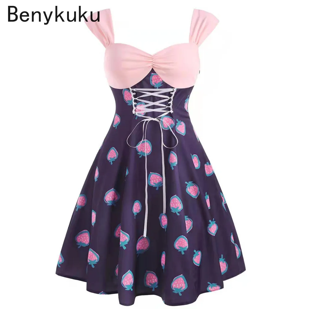 

Женское винтажное платье на бретельках, розовое платье без рукавов с принтом клубники, высокой талией и шнуровкой в стиле рокабилли