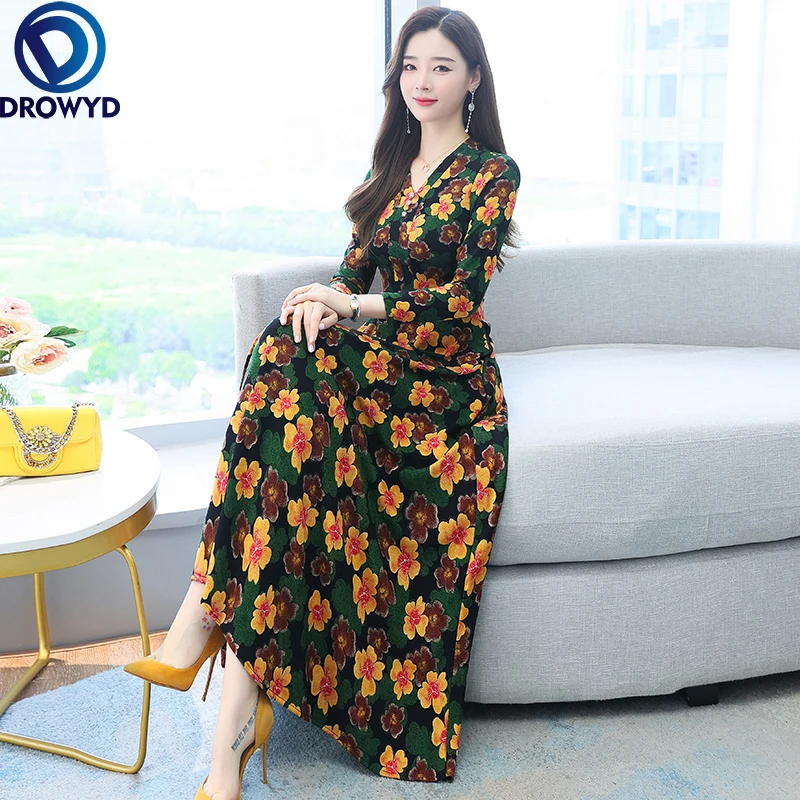 

Autumn Winter Yellow Women Dresses 2021 Elegant V Collar Floral Print Long Sleeve Knitting Cotton Female Clothes Party Vestidos