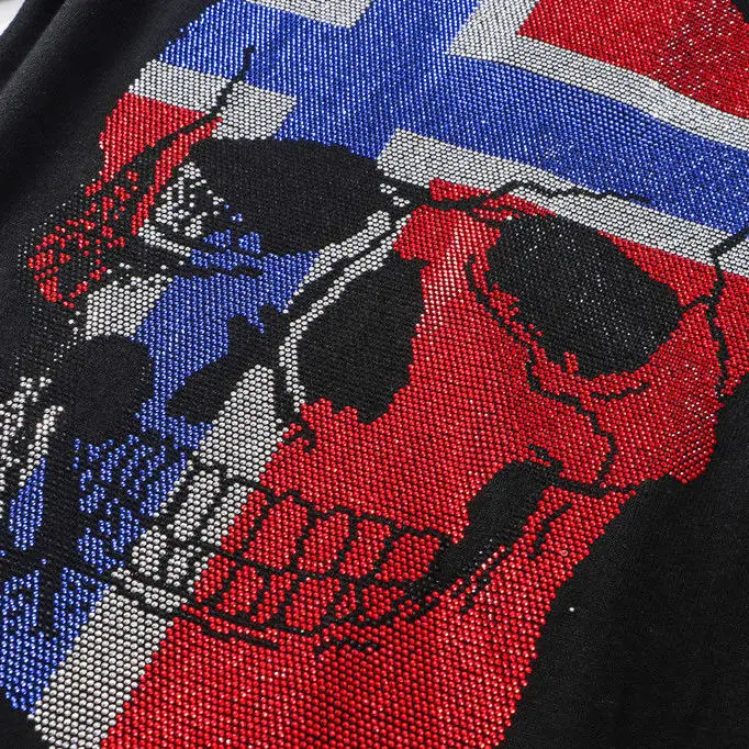 

British Pattern Design Skull Men's Breathable Warm T-Shirt Explosive Sweater Hot Drilling Knit Short Sleeve