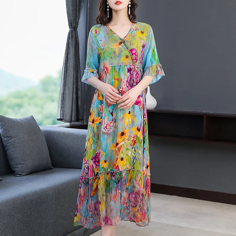 

Женское винтажное платье из шелка тутового шелкопряда с V-образным вырезом и коротким рукавом