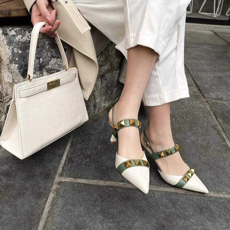 

women classic summer leather sandals chunky high heels pumps pointed toe buckle female fashion party shoes cross-strap punk shoe