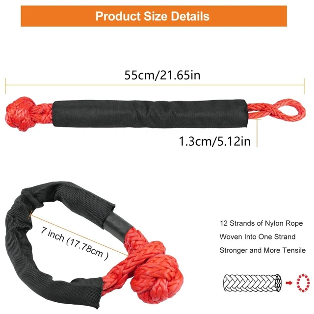 Shatter Resistant Synthetic Soft Shackle Rope Heavy Duty Offroad Tow Shackle Strap with Protective Sleeve 38000lbs 1/2"x22" 6