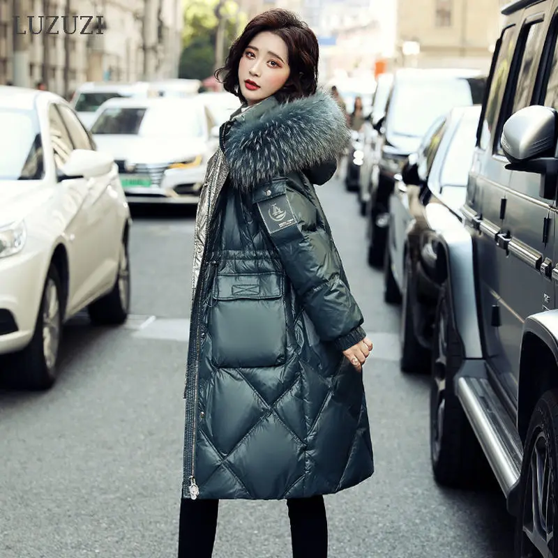 LUZUZI/Зимний Большой пуховик с капюшоном из натурального меха енота женский теплый