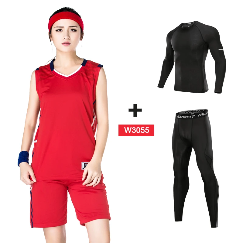 W3055 red suits Компрессионные спортивные костюмы для баскетбола, трико для бега, женские леггинсы для бега, одежда для фитнеса, тренажерного зала, трикотажные баскетбольные штаны, 4 шт - Цвет: W3055 red suits