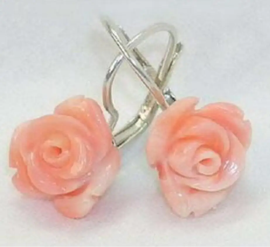 Gratis Verzending Unieke Lady 'S Hot Pink Coral Rose Bloem 12Mm Haak Oorbellen Natuursteen Brood Earing Zilver Grote oorbellen
