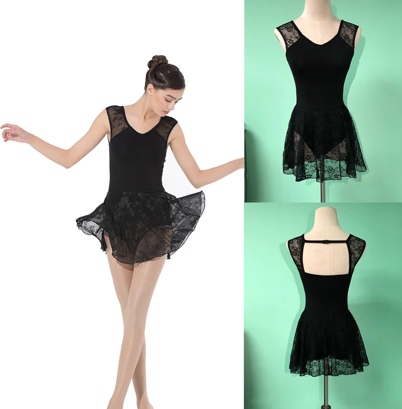 Женский купальник с кружевной юбкой черный для балета и гимнастики|dance leotards|ballet