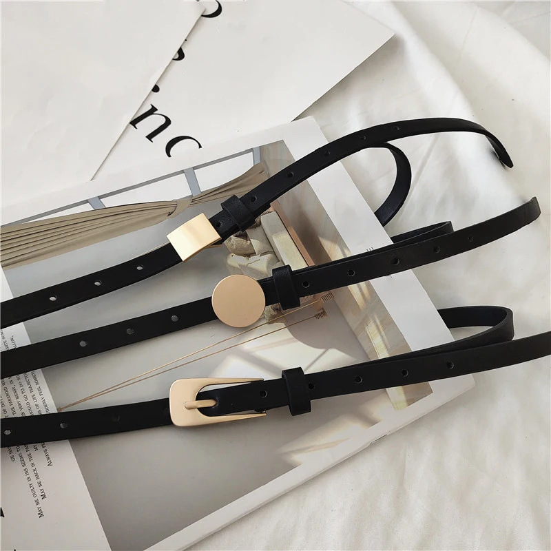 

Women's Belt Jeans New Chic Gold Geometric Metal Buckle Belt Leather Strap Belt Girl 2020 Simple Thin Belt Dress Accessories