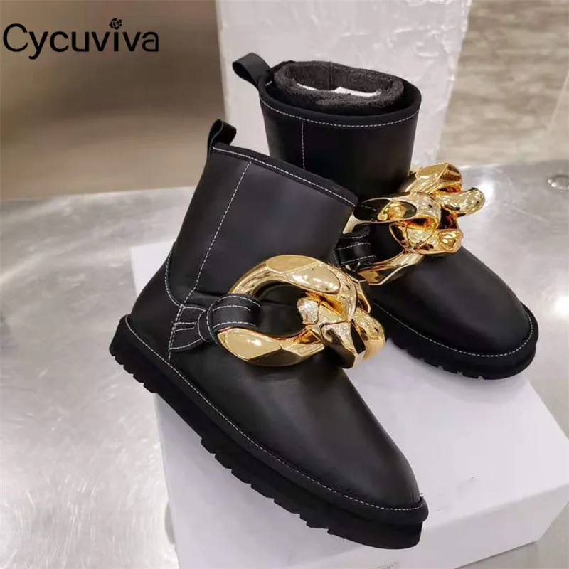 Новинка женские зимние сапоги из шерсти с золотой цепочкой теплая обувь на