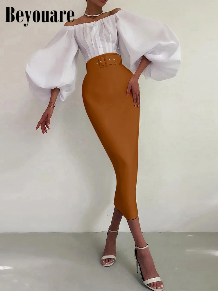 

Beyouare Elegant Solid Skirts Women Hight Split With Belt Slim Ankle-Length Skirt Office Ladies Fashion Sexy Bottoms 2022 Autumn