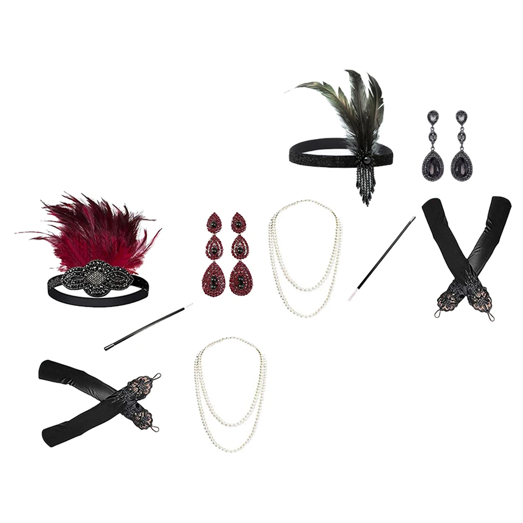 

5x Ladies 1920s Headband Pearl Earrings Gloves Party Fancy Dress Costume Props