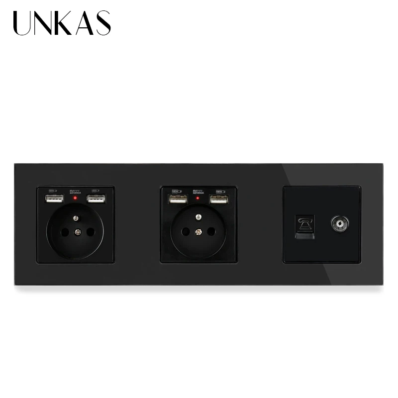 Двойная французская стандартная розетка со стеклянной панелью UNKAS с 4 USB портами