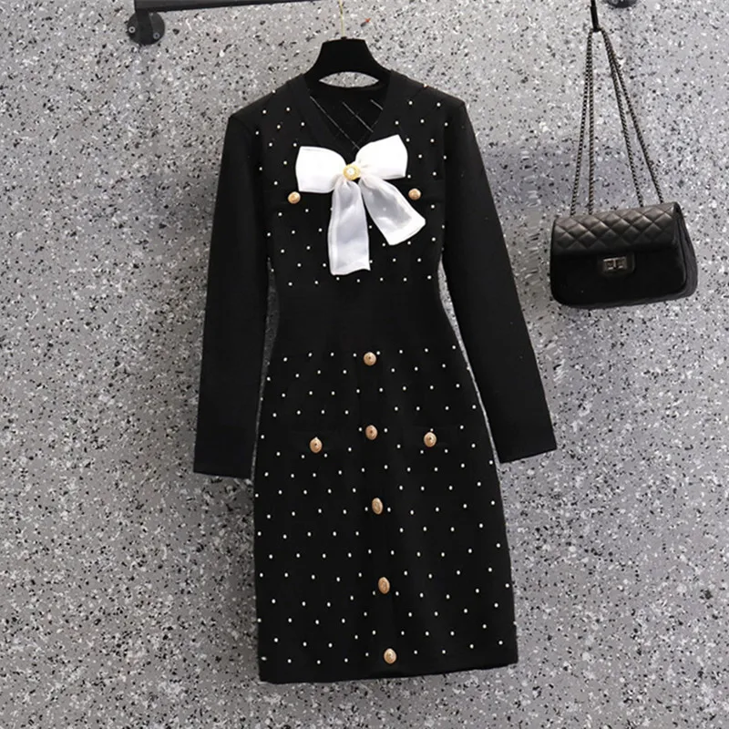 

Plus Size 3XL Knitted Sweater Dresses Office Ladies French Vintage High Waist Bow Collar Beading Dresses Female V Neck Dresses