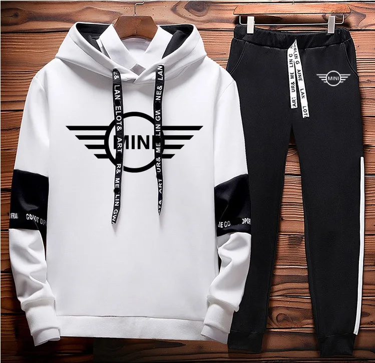 

Spring Autumn Colorblock Men's Sweatshirt Suit Mini Car Logo Printing Pullover High Quality Cotton Men Hooded+pants 2 Piece Set