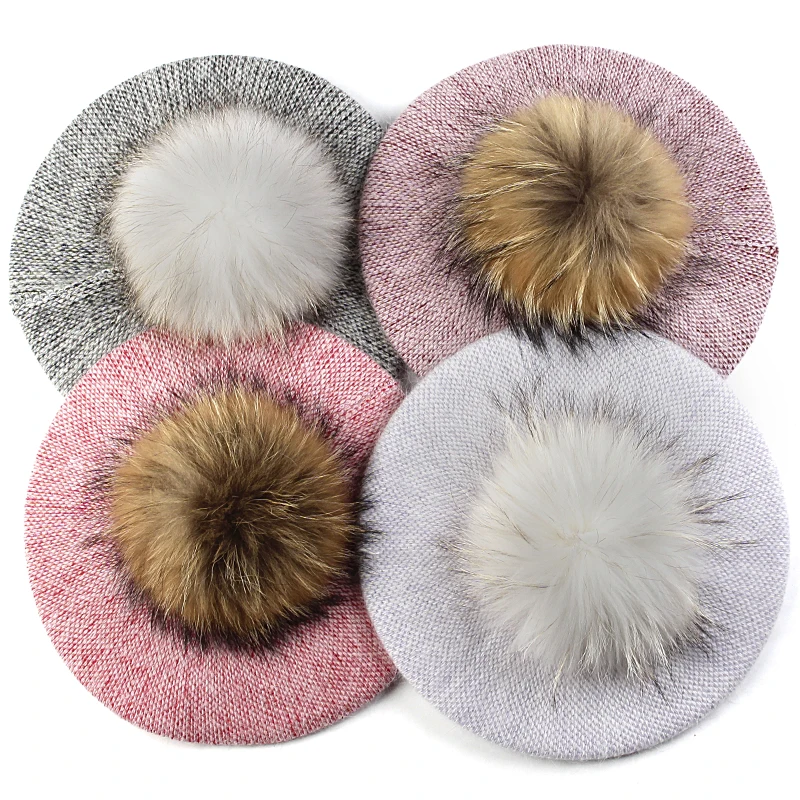 

Winter Warm Beret Hat For Women Solid Color Slouchy French Style Bonnet Caps Girls Lady Female Adult With Real Fur Pompom