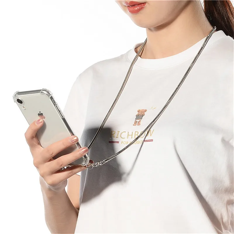 Strap Cord Chain Tape Necklace Metal Phone Case For iPhone 11 7 8 Plus 11Pro X XR XS Max Soft Clear Cover Shell Carry |