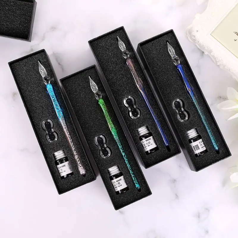 

Gradient Starry Sky Glass Fountain Dip Pen Holder Signature Ink Set Calligraphy Writing Stationery Office School Gift Box