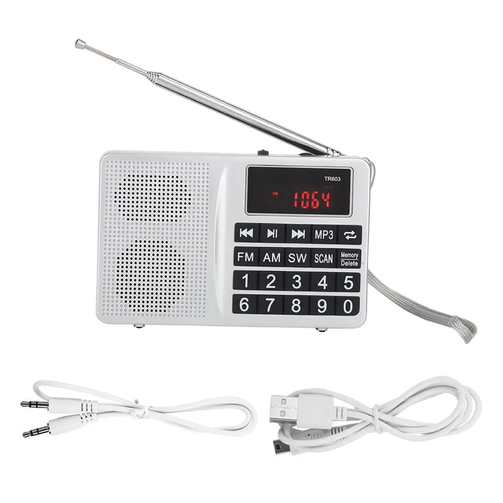 Портативное радио серебряное FM/AM/AW радиоприемник всех диапазонов с разъемом AUX 3 5