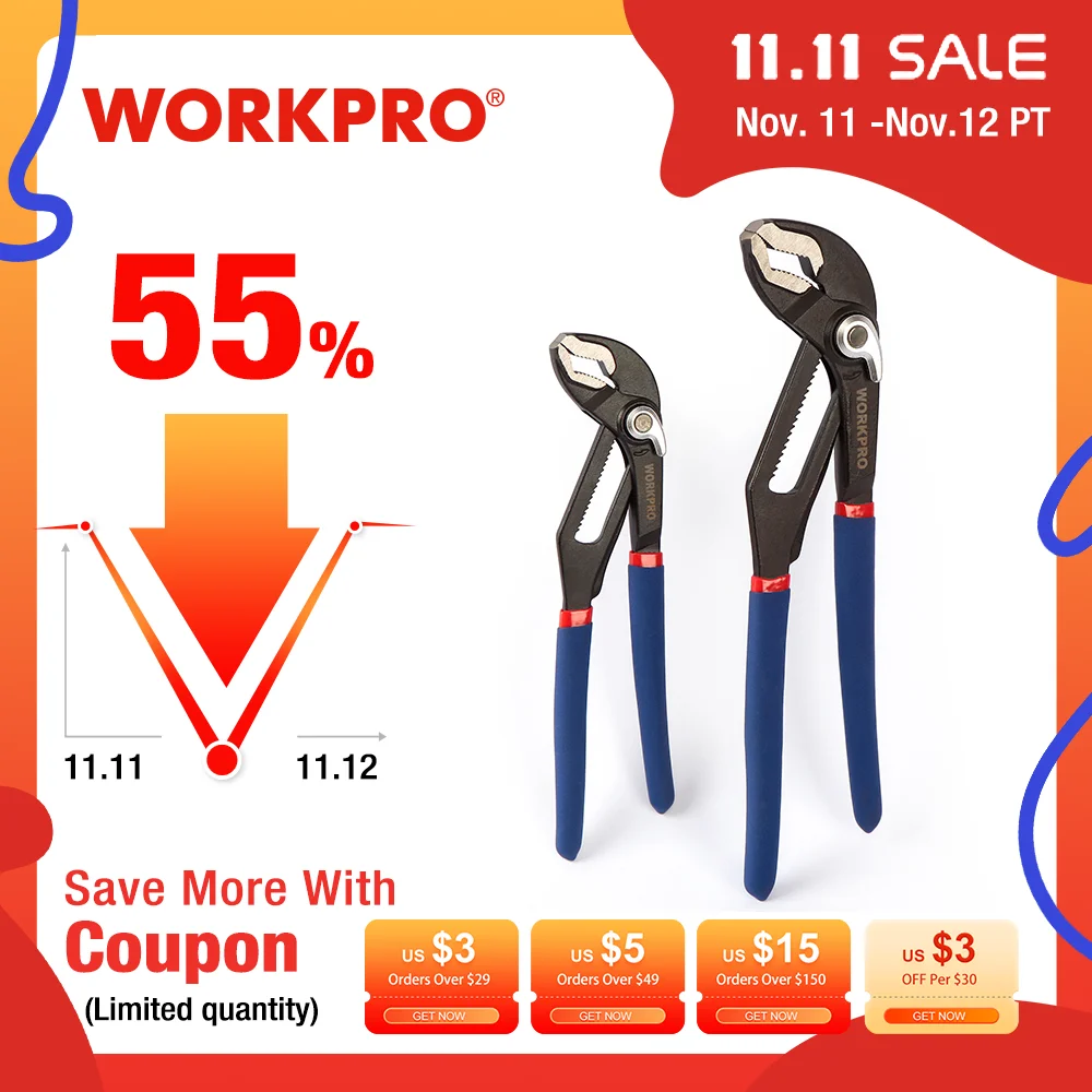 

NEW WORKPRO 8" 10" Water Pump Pliers Quick-release Plumbing Pliers Straight Jaw Groove Joint Plier Set