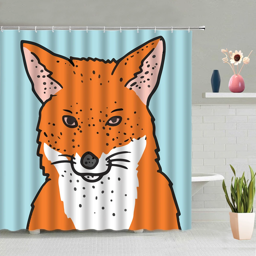 

Cartoon Animal Shower Curtain Bear Owl Parrot Fox Rabbit Pattern Bathroom Decoration Background Waterproof Fabric With Hook Suit