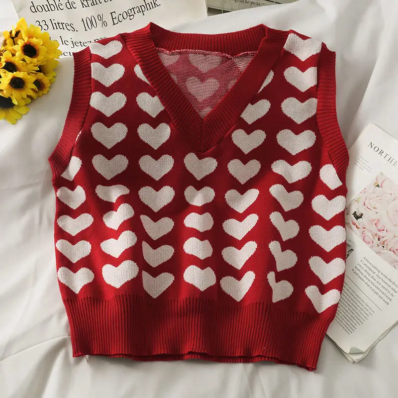

knitted vests women autumn winter love new loose v-neck sleeveless knit tops Korean fashion all-match woman sweaster vest