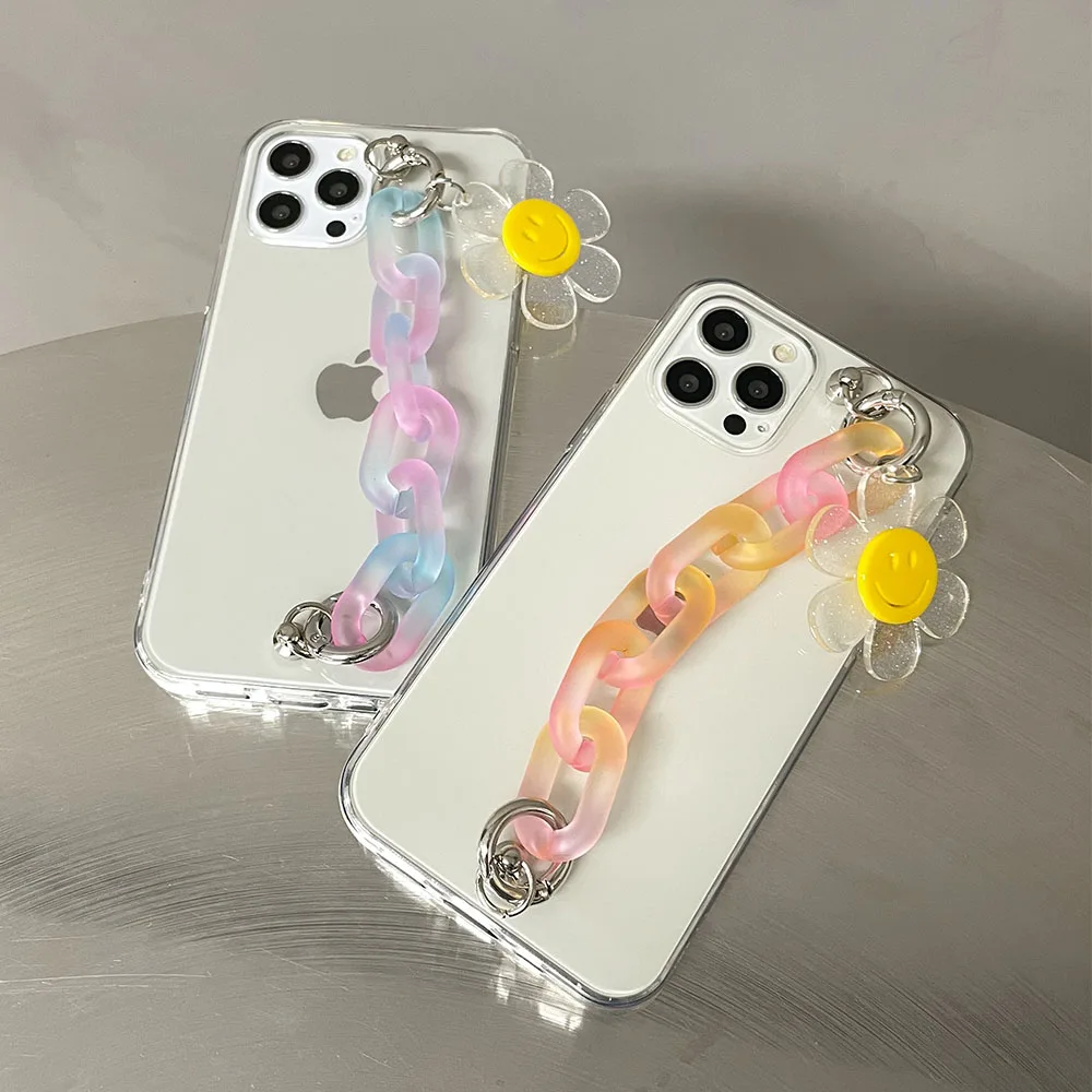 Блестящий подвесной чехол со смайликом и цепочкой для iPhone 13 Pro Max 8 6S Plus X XR XS, чехол с градиентным кристаллом и браслетом Для iPhone 11 Pro Max