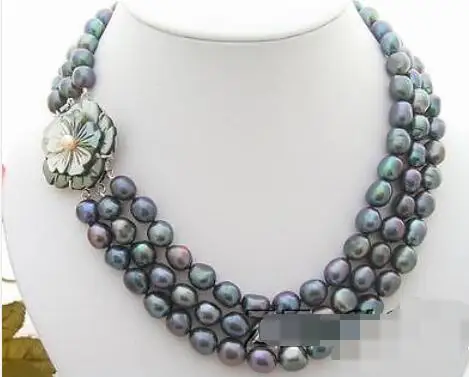 

3Strds 9-10mm Black Baroque Pearl Necklace-Cameo Flower Clasp