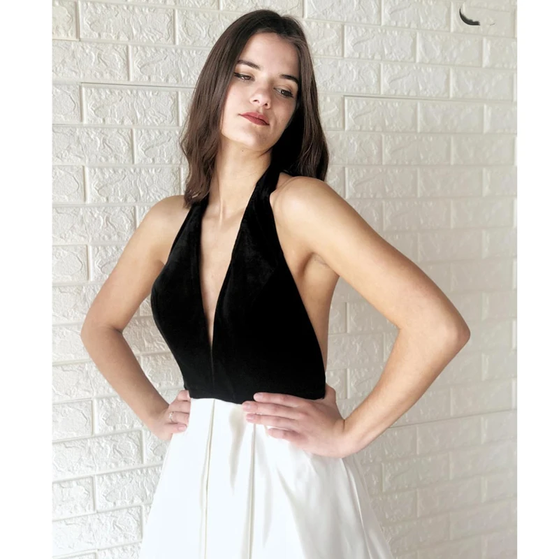 

Black White Prom Dresses V Neck Backless A-Line Sleeveless Velvet Satin Halter Wedding Party Formal Bridesmaid Evening Gown 2022