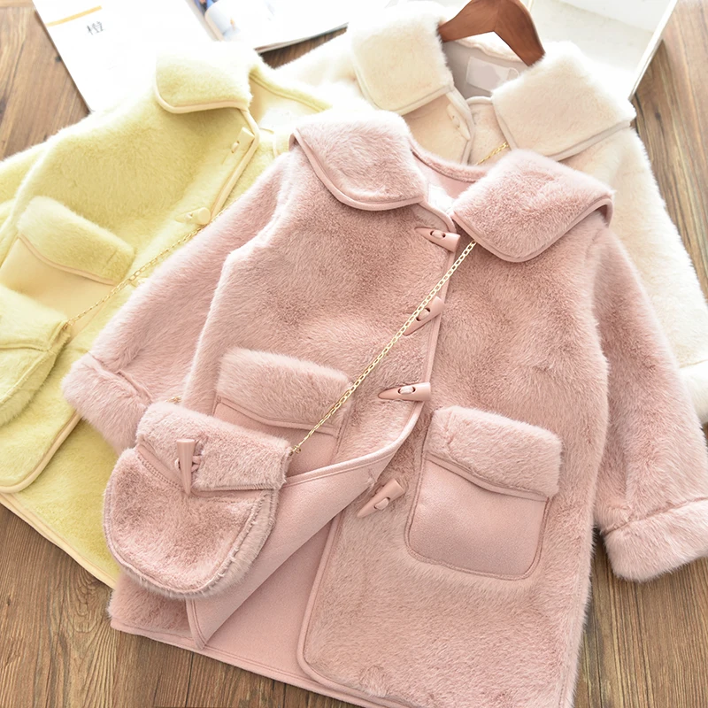 

Утепленная норковая куртка для девочек, детское твидовое меховое интегрированное пальто из бычьего рога с пряжкой, новинка зимы