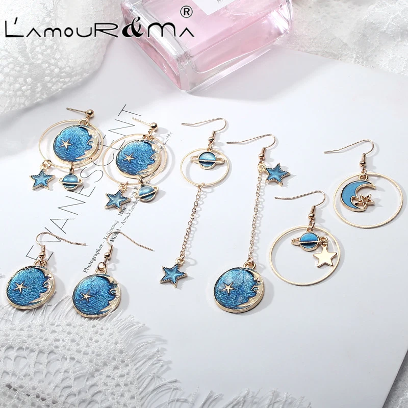 

L'Amour&Ma 2021 New Style Stars and Moon Fresh INS Web Celebrity Long Fringed Asymmetric Earrings for Women's Party Jewelry Gift